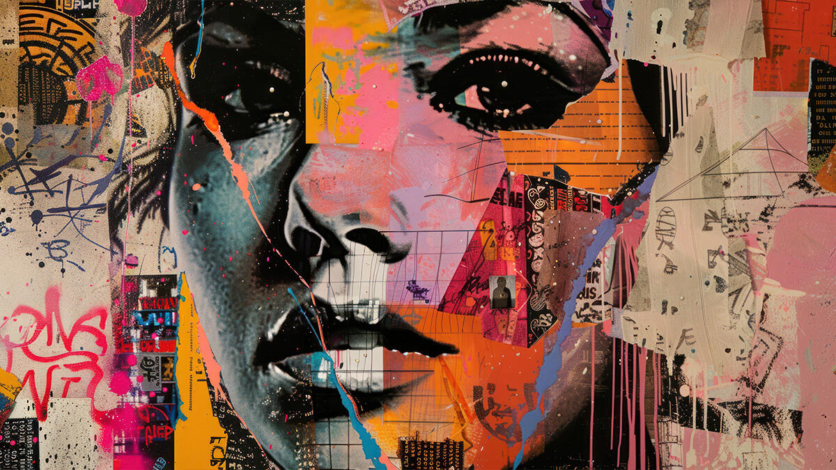 Abstract collage portrait with bold colors, street art textures, and layered media elements – representing the creative identity of Art+Media+Design
